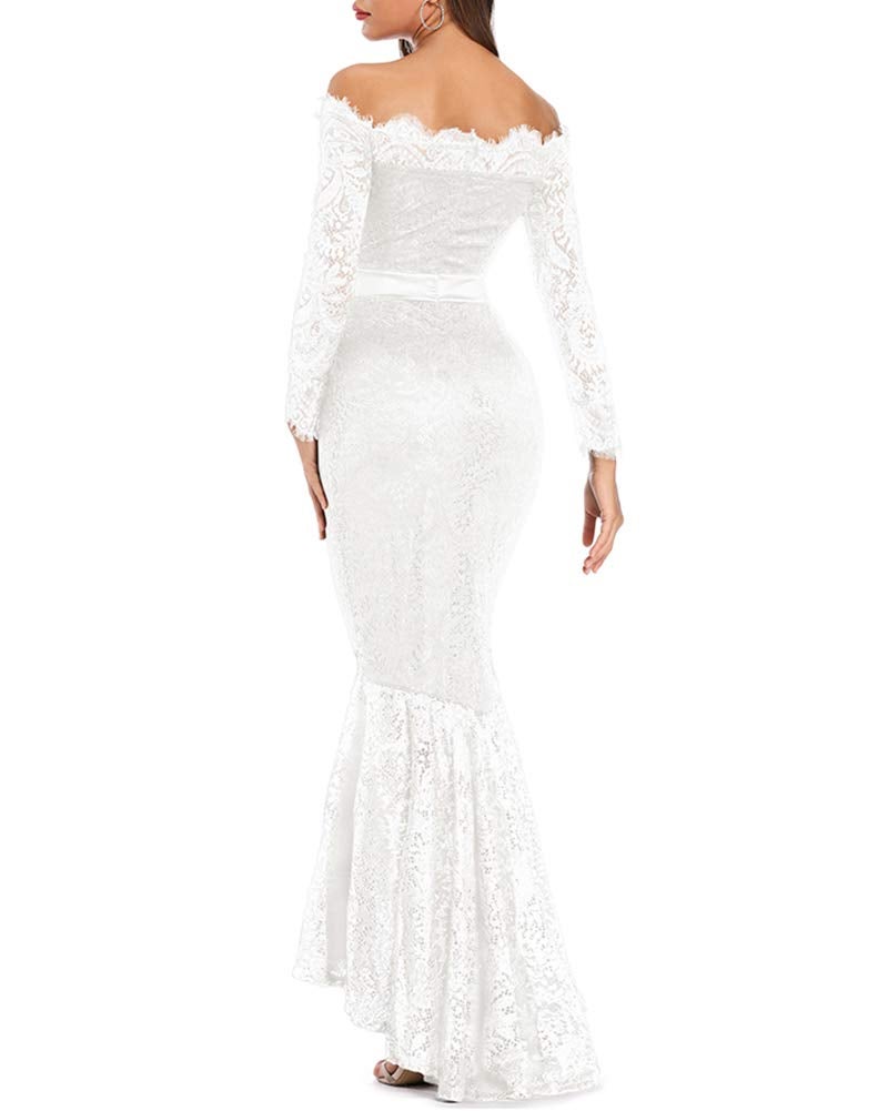 LALAGEN Women's Floral Lace Long Sleeve Off Shoulder Wedding Mermaid Dress White XXL - Image 2